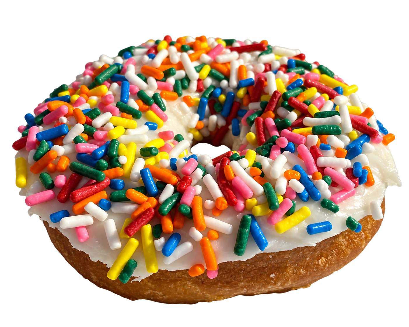 Our vanilla cake donut with vanilla frosting and rainbow sprinkles