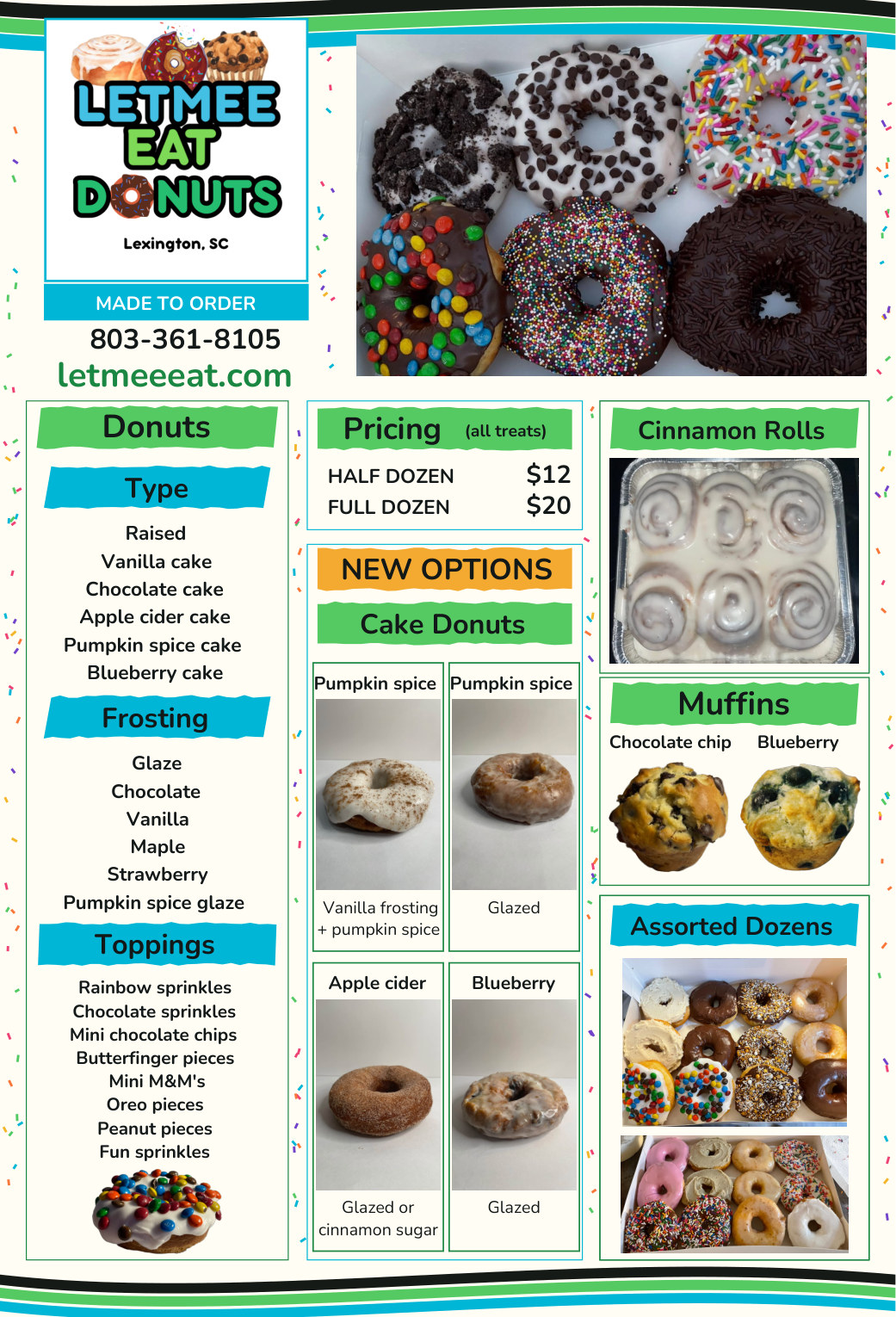LETMEE EAT full menu with donut types, frosting and topping choices, cake donut specials, cinnamon rolls, muffins, assorted dozens, and pricing