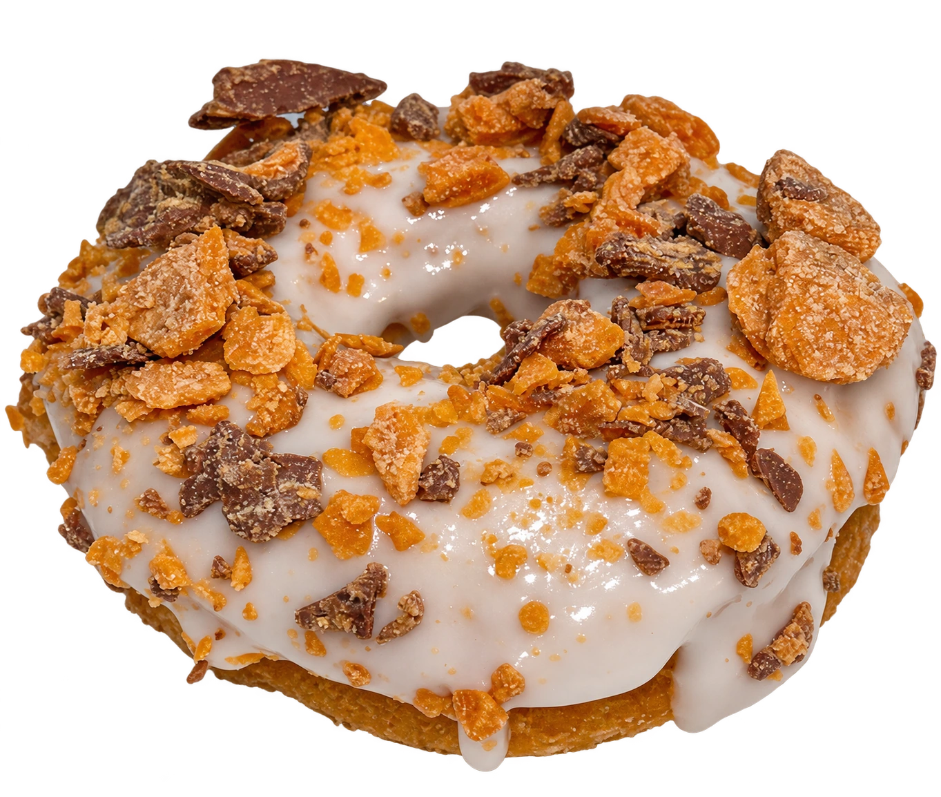 Vanilla cake donut with vanilla icing and Butterfinger pieces